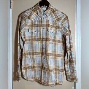 J. Crew Light Blue and Brown Plaid Flannel Pearl Snap Button-Up Shirt Size 4